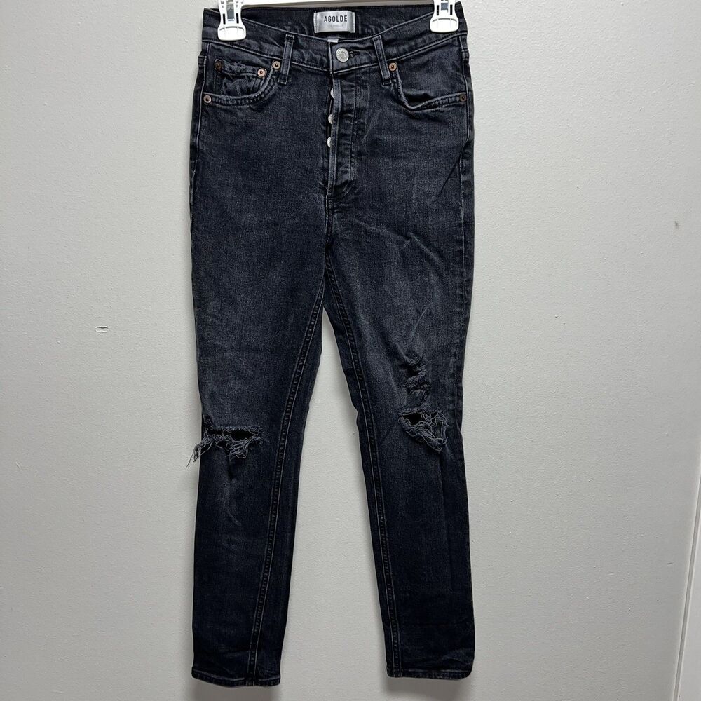 AGOLDE Distressed High Rise Black Mom Jeans 25 – Vintage Wash Button Fly